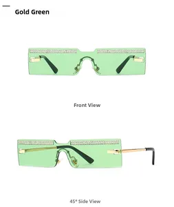 Macro detail of rimless rectangle sunglasses with green lenses and diamond rhinestones