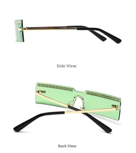 Detail view showing side and back angles of rimless sunglasses with green lenses