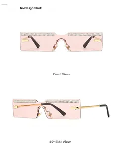 Front and side view of rimless rectangular sunglasses with pink lenses and crystal trim