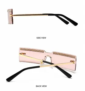 Detailed side and back views of pink rimless sunglasses with sparkling crystal trim