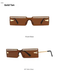 Detail view of gold tan rimless sunglasses featuring dual rows of sparkling rhinestones
