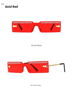 Front and side view of gold red narrow rectangular sunglasses with sparkling rhinestones