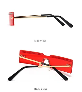 Side and back view of red rectangular rimless sunglasses with gold metal temples