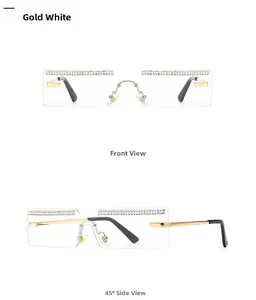 Detail view of gold white rimless rectangle sunglasses with sparkling rhinestone edges
