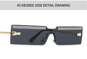 Detailed side view of rimless rectangular sunglasses with sparkling rhinestone inlay
