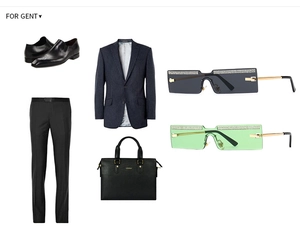 Flat lay of business outfit with pinstripe blazer and crystal-studded square sunglasses
