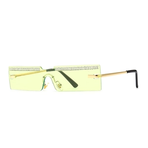 Chic rimless rectangular sunglasses with lime green lenses and diamond studded frames