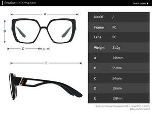 Size guide for oversized cat-eye blue light blocking glasses with PC frame and dimensions