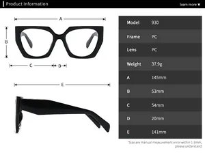 Detailed size chart for retro square blue light blocking glasses model 930