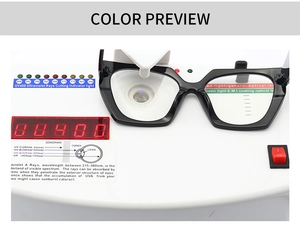 Macro shot of modern thick-frame glasses showing UV400 protection test result for lens