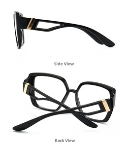 Side and back view of black cat eye frames with gold metal geometric hollow temples