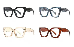 Cat-eye blue light blocking glasses in black, blue, light tan, and tan retro frames