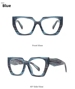 Detailed front and 45-degree side views of blue wood-textured retro blue light glasses