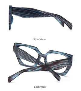 Detail view showing marble texture and side profile of retro blue brown optical glasses
