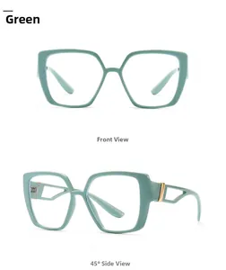 Detail views of mint green square cat-eye glasses with gold hollow temple design