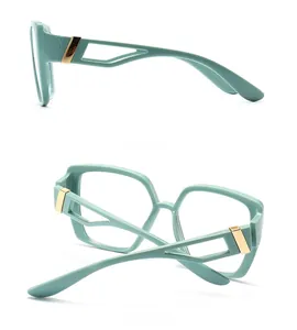 Detailed side and back view of mint green cat-eye glasses with hollow gold metal temples