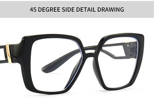 45-degree side view of black square cat-eye frames with golden metal temple detail