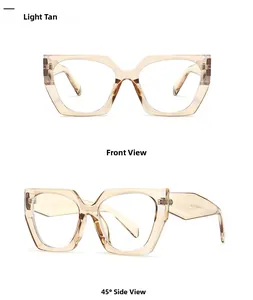 Front and 45-degree views of light tan geometric anti-blue light computer glasses