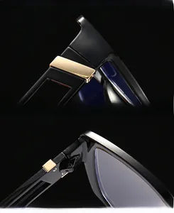 Detail of premium golden metal hinge and reinforced black cat-eye frame for smooth opening
