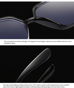 Detail of blue light blocking cat-eye glasses with ergonomic nose pads and anti-slip temples