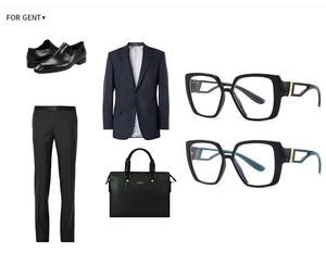 Detailed look at modern square anti-blue light glasses with navy business formal accessories