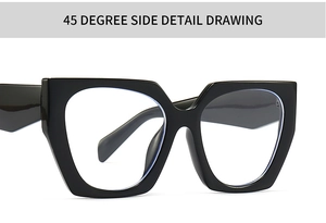 Detailed 45-degree side view of thick black geometric frame blue light glasses