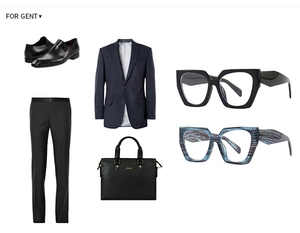 Detail showing retro blue-striped blazer with leather bag and square-frame glasses