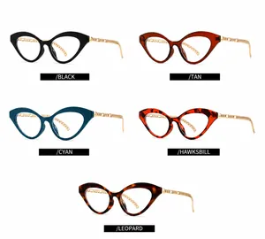 Collezione occhiali cat-eye con montatura spessa e aste a catena in metallo