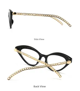 Dettaglio occhiali cat-eye rétro con aste a catena in metallo dorato eleganti