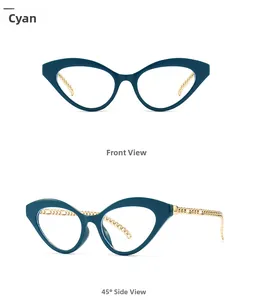 Vista macro di occhiali cat-eye ciano con aste dorate a catena dal design moderno