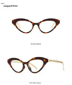 Dettagli degli occhiali cat eye leopardati con stanghette a catena dorata lucida