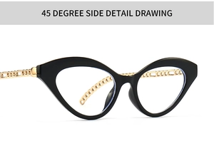 Dettaglio della montatura cat-eye con aste a catena dorata in stile vintage