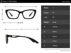 Detailed size chart for retro cat-eye anti-blue light glasses with PC frame and lens