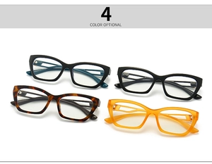 Detail showing four stylish rectangular cat-eye glasses frames in multiple trendy colors