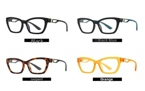Detail view of retro cat-eye glasses in black, blue, leopard, and orange frames