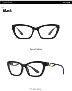 Cat eye blue light blocking glasses with black frames and gold hinge details