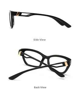 Detail view of retro computer glasses with side and back views and gold metal accents