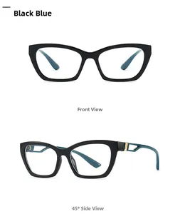 Front and side view of cat-eye computer glasses with black frames and blue temples