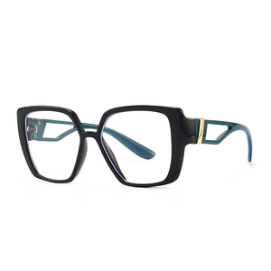 Modern square blue light glasses with black frames and decorative teal cutout temples