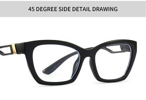 Detail view of black cat-eye glasses frame with gold metal hinge accents at 45-degree angle