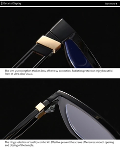 Detail of durable metal hinges and high-gloss black frames on anti-blue light glasses