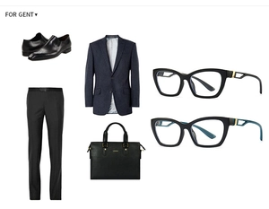 Flat lay of men's business set with blue stripe blazer, black briefcase and retro glasses
