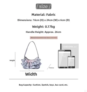 Detailed size guide for the ruffled handbag with dimensions and capacity comparison