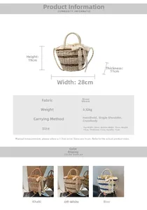 Detailed size chart for hand-woven bucket bag with lace bow, showing 28x19x11cm dimensions