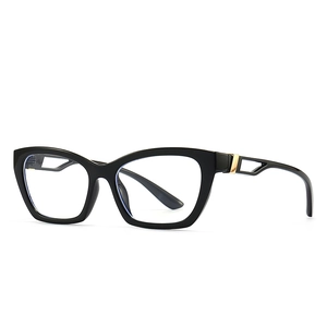 Modern cat-eye blue light blocking glasses in black with gold hollowed-out temples