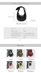 Detailed size specifications and color options for the rivet moon underarm bag
