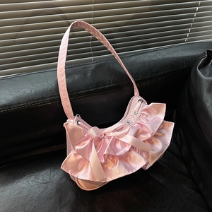 Satin Ruffle Underarm Bag Pleated Shoulder Handbag With Bow Decoration Sweet Y2K Style For Women