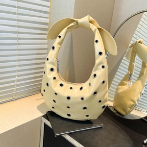 Women PU Leather Hobo Bag Metal Eyelet Grommet Underarm Shoulder Bag Bowknot Knotted Handle Retro Punk Style