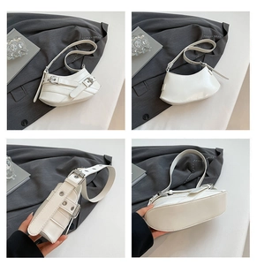 Detail views of white leather shoulder bag with decorative silver buckle straps and hardware