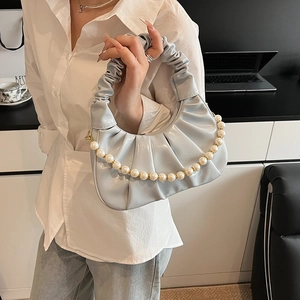 Light blue ruched cloud handbag with pearl chain and scrunchie handle for women